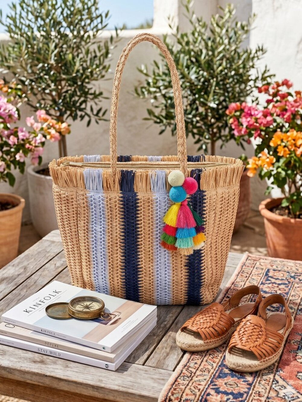 Straw Tote Bag Striped Navy Tassel Zipper Lined Boho Mediterranean Vacation - Picture 11 of 13